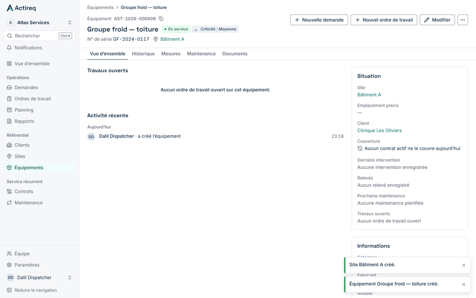 Fiche d’un équipement dans Actireq : historique et prochaines échéances