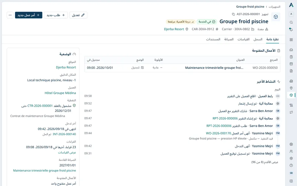 بطاقة تجهيز في Actireq: التدخّلات والقياسات عبر الزمن والعقد والصيانة.
