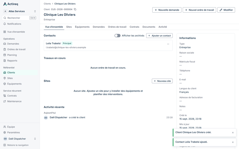 Fiche client dans Actireq : sites, équipements et historique
