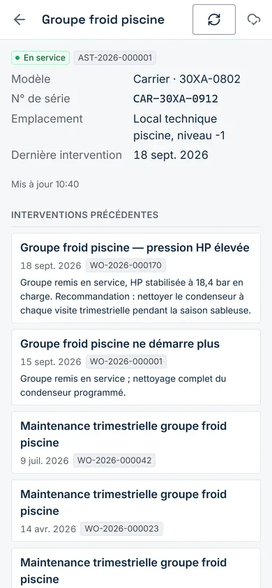 La fiche d’un équipement ouverte sur le téléphone après le scan de son QR code.