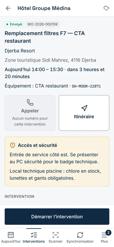 Une intervention dans l’application terrain : adresse, consignes d’accès, équipement et étapes.
