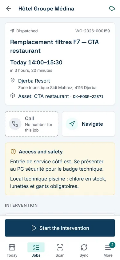A job in the field app: address, access instructions, asset and steps.