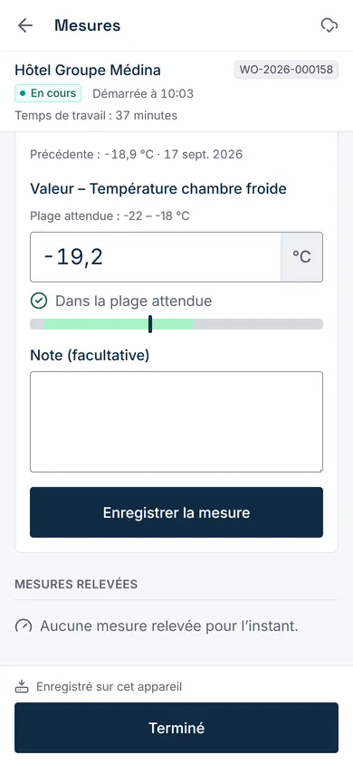 La saisie d’une mesure avec sa plage attendue et la valeur précédente.