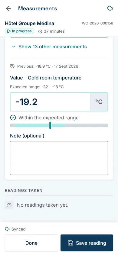 Entering a measurement with its expected range and the previous reading.