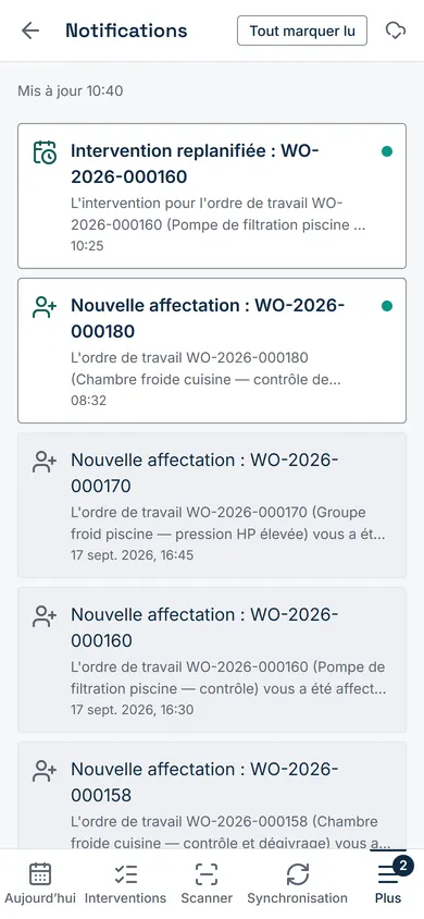 Les notifications du technicien : une intervention replanifiée par le dispatch.