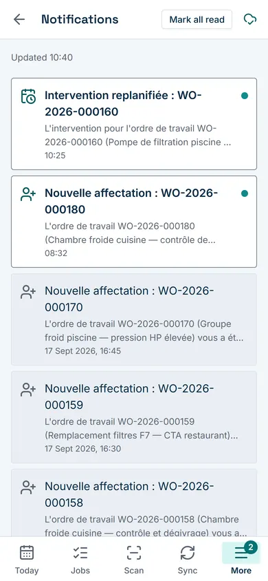 The technician’s notifications: a job rescheduled by dispatch.