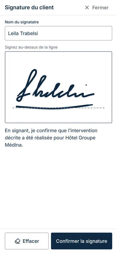 La signature du client sur l’écran du téléphone, à la fin de l’intervention.