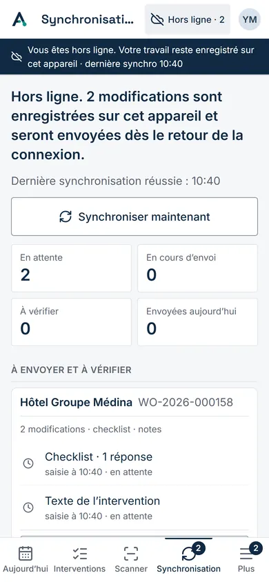 L’onglet Synchronisation : les modifications faites hors ligne, en attente d’envoi.