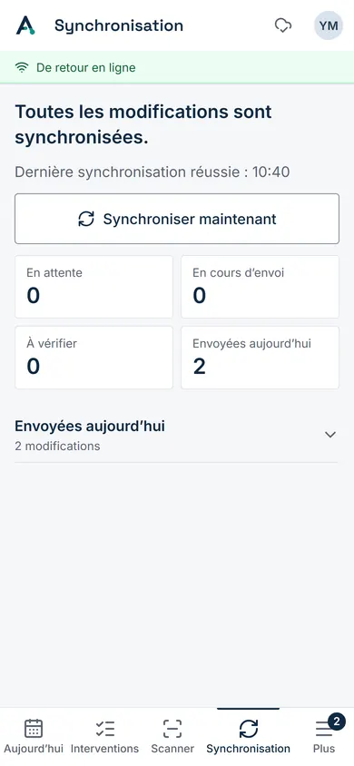 L’onglet Synchronisation une fois la connexion retrouvée : tout est envoyé.