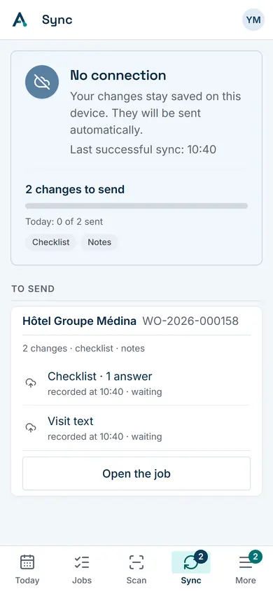 The Sync tab: changes made offline, waiting to be sent.