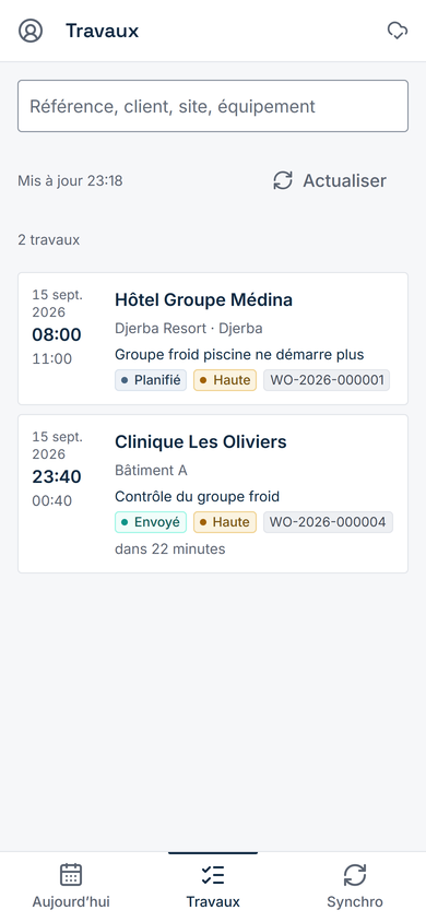 L’application technicien Actireq sur téléphone : la journée en cours