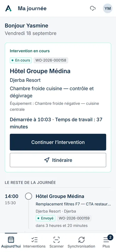 L’application terrain sur téléphone : la journée du technicien, l’intervention en cours et les suivantes.