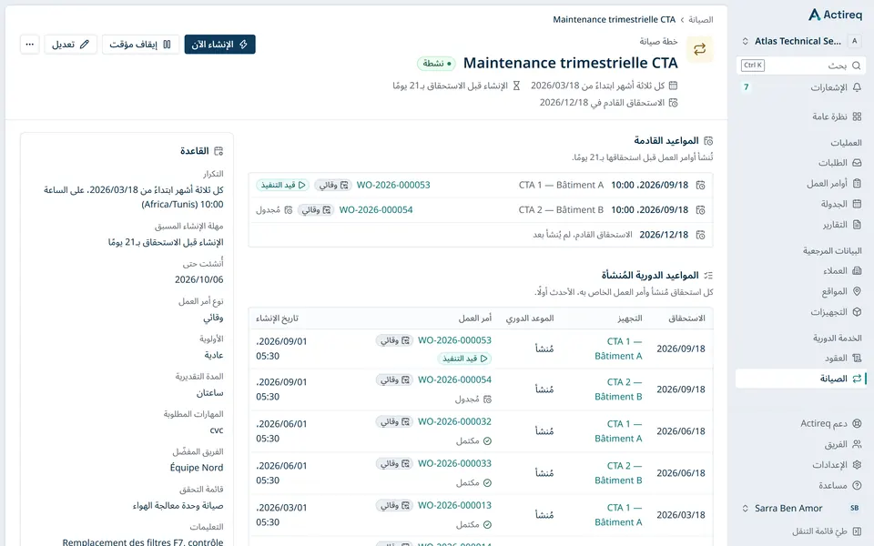 خطة صيانة وقائية في Actireq، بتكرارها والتدخّلات التي أنشأتها.
