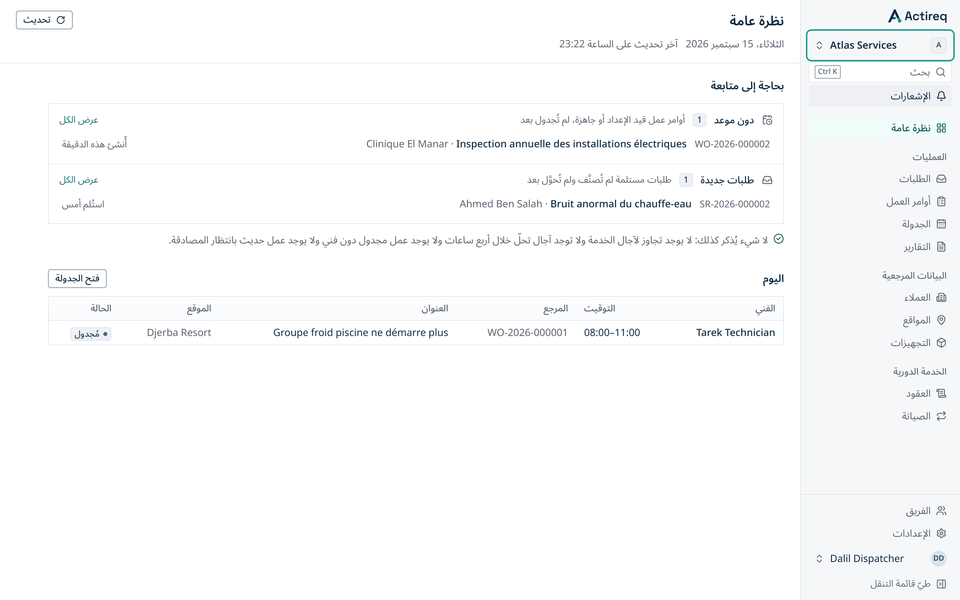 La vue d’ensemble Actireq en arabe, de droite à gauche