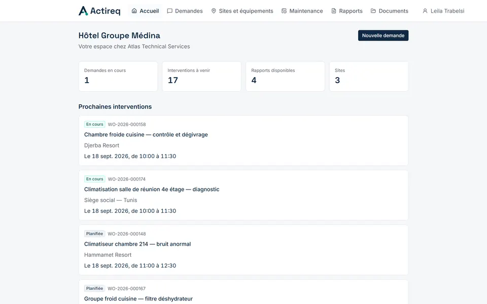 L’espace client d’Actireq : demandes en cours, prochaines visites et derniers rapports.