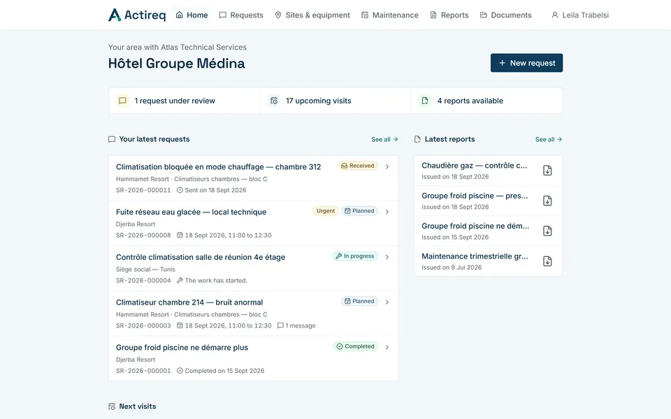 The Actireq customer area: open requests, upcoming visits and latest reports.