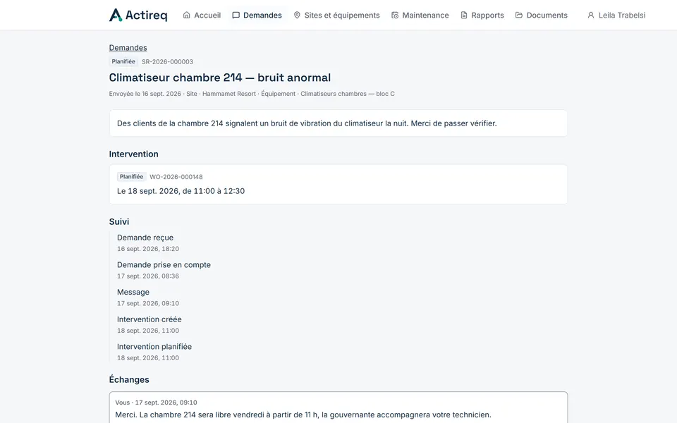 Le suivi d’une demande dans l’espace client : son statut, de la réception à l’intervention.