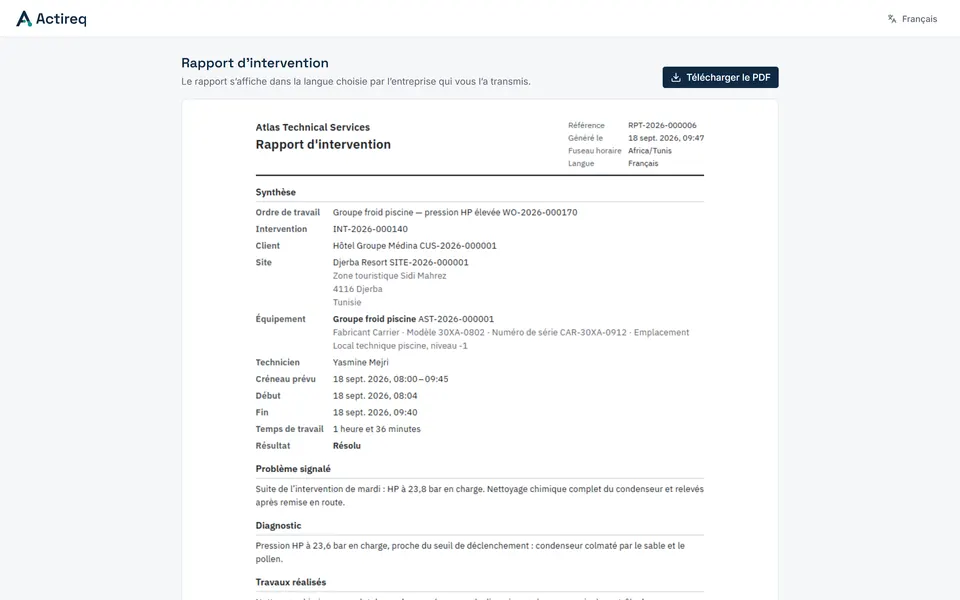 Le rapport d’intervention tel que le client l’ouvre depuis son lien sécurisé : la page du rapport et son PDF à télécharger, sans compte à créer.