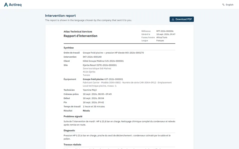 The intervention report as the customer opens it from their secure link: the report page and its PDF to download, with no account to create.