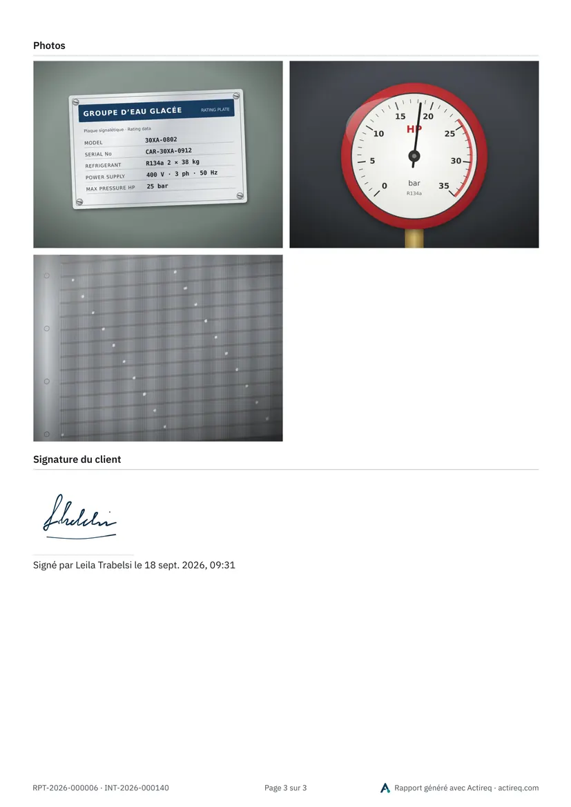 The last page of an intervention report PDF generated by Actireq: the photos taken on site and the customer’s signature, with their name, the date and the time.