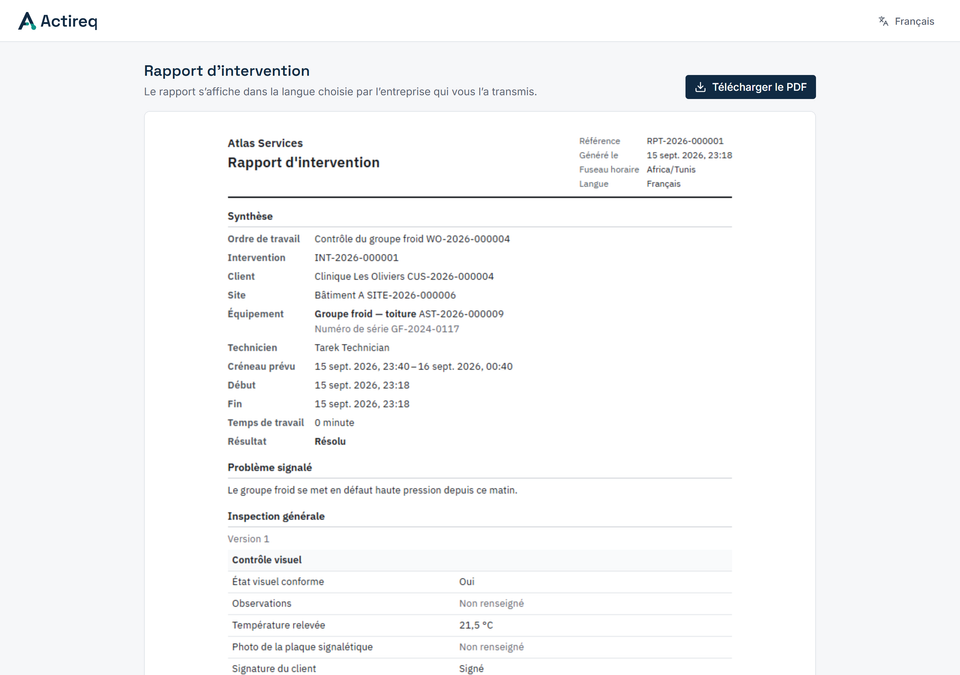 Un rapport d’intervention Actireq tel que le client le consulte