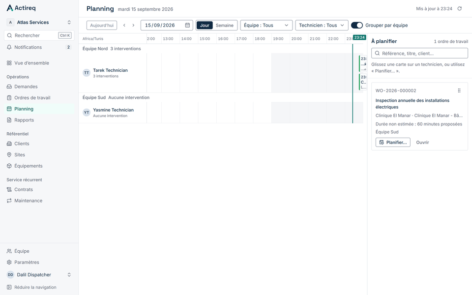 Le planning des techniciens dans Actireq