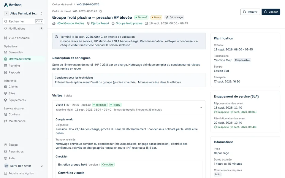 Un ordre de travail dans Actireq : client, site, équipement, technicien, visite, checklist et rapport.