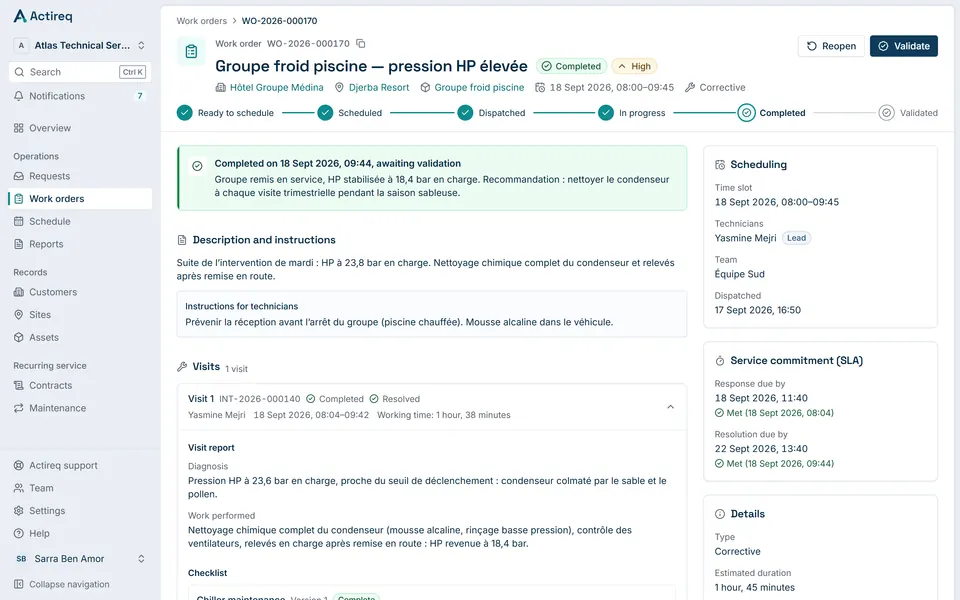 A work order in Actireq: customer, site, asset, technician, visit, checklist and report.